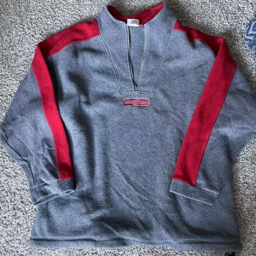 Vintage Hard Rock Cafe Atlantic City Fleece Mens Large Gray Red 1/4 Zip 90s Y2K